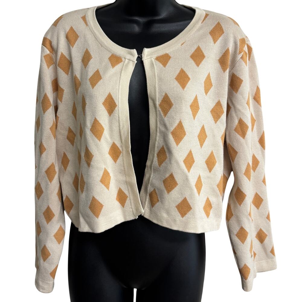 Grace Karin Diamond Print Cardigan Sweater Women’s XL Cream Tan Hook Front New